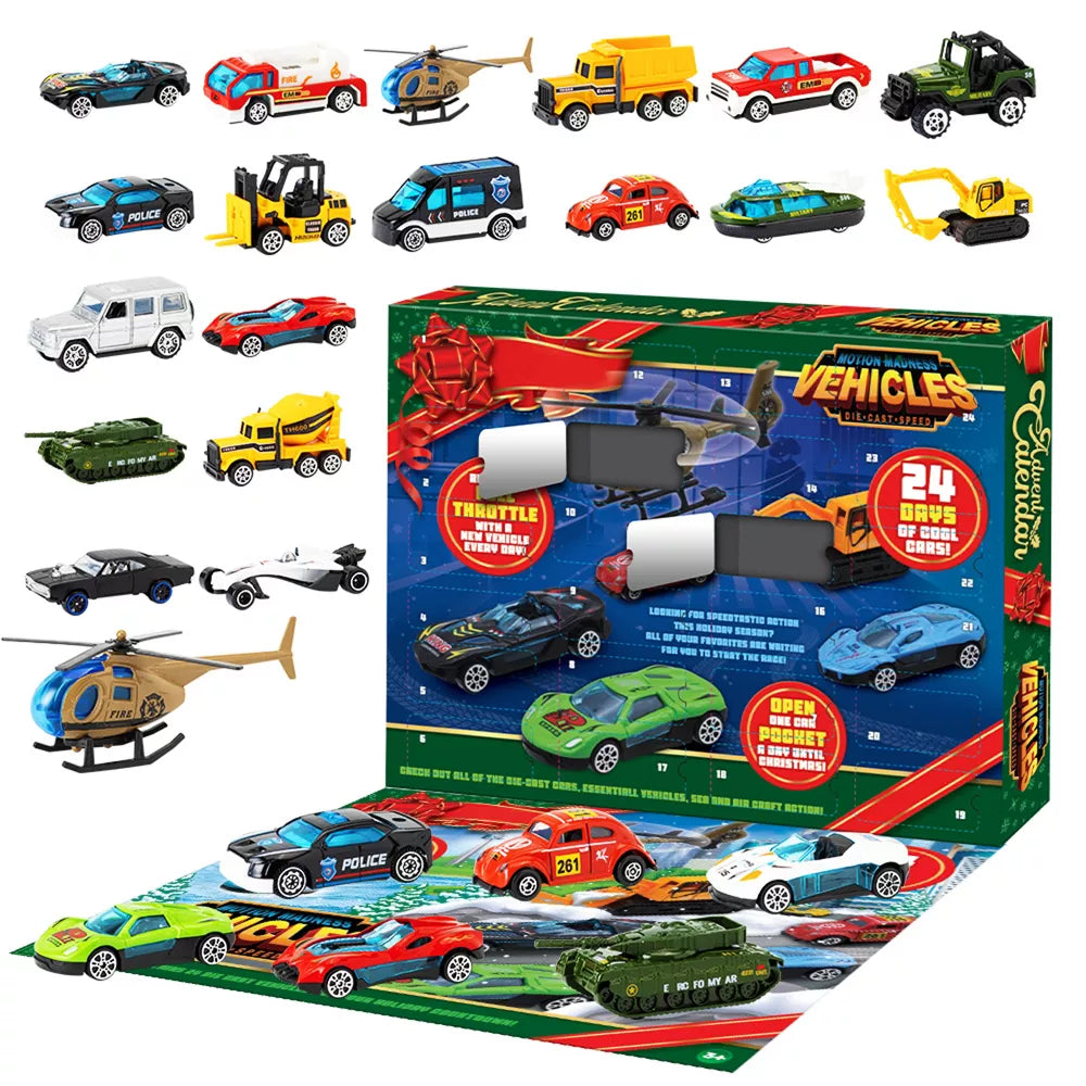 24 Diecast Cars Advent Calendar with Numbered Doors and Varied Vehicle Types