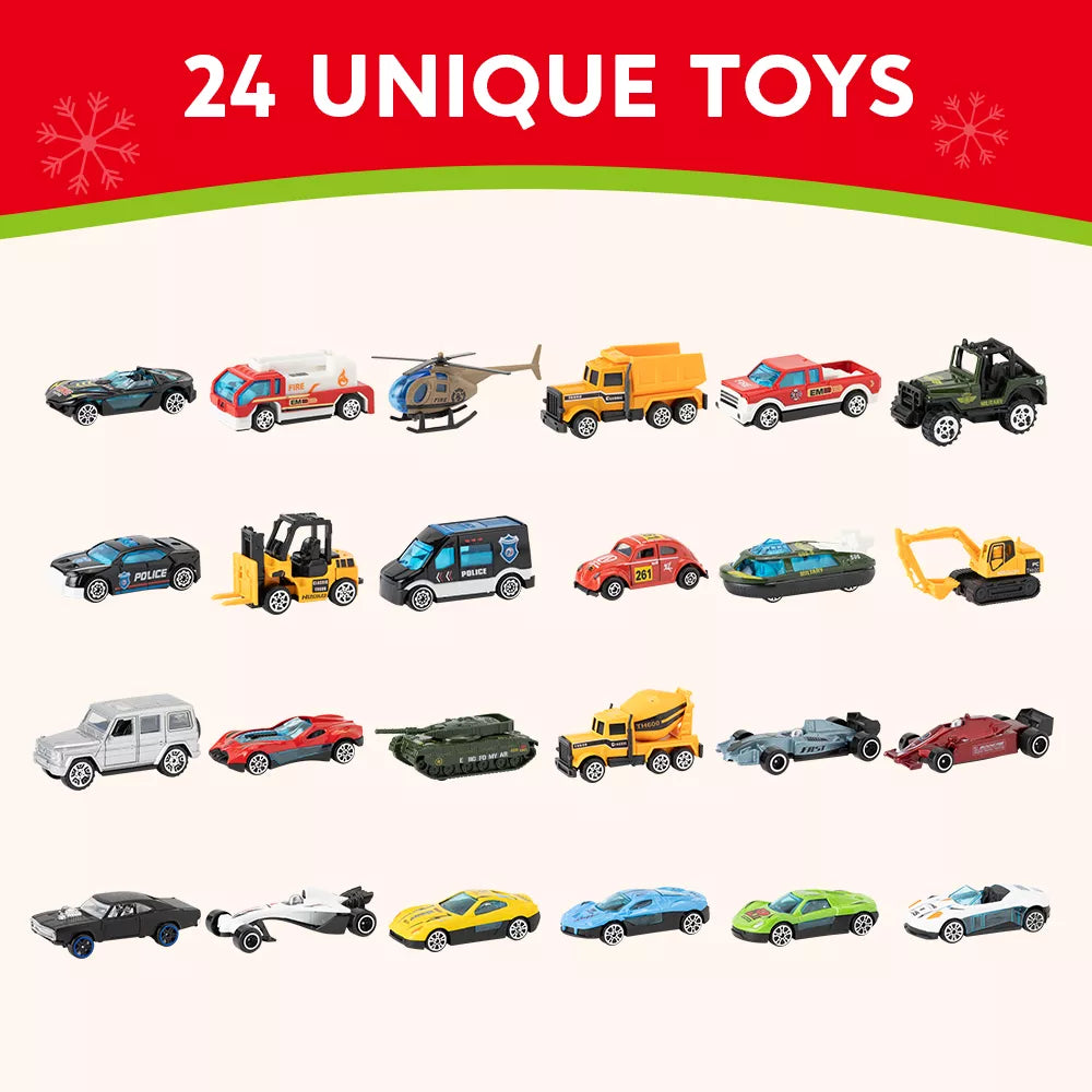 24 Diecast Cars Advent Calendar with Numbered Doors and Varied Vehicle Types