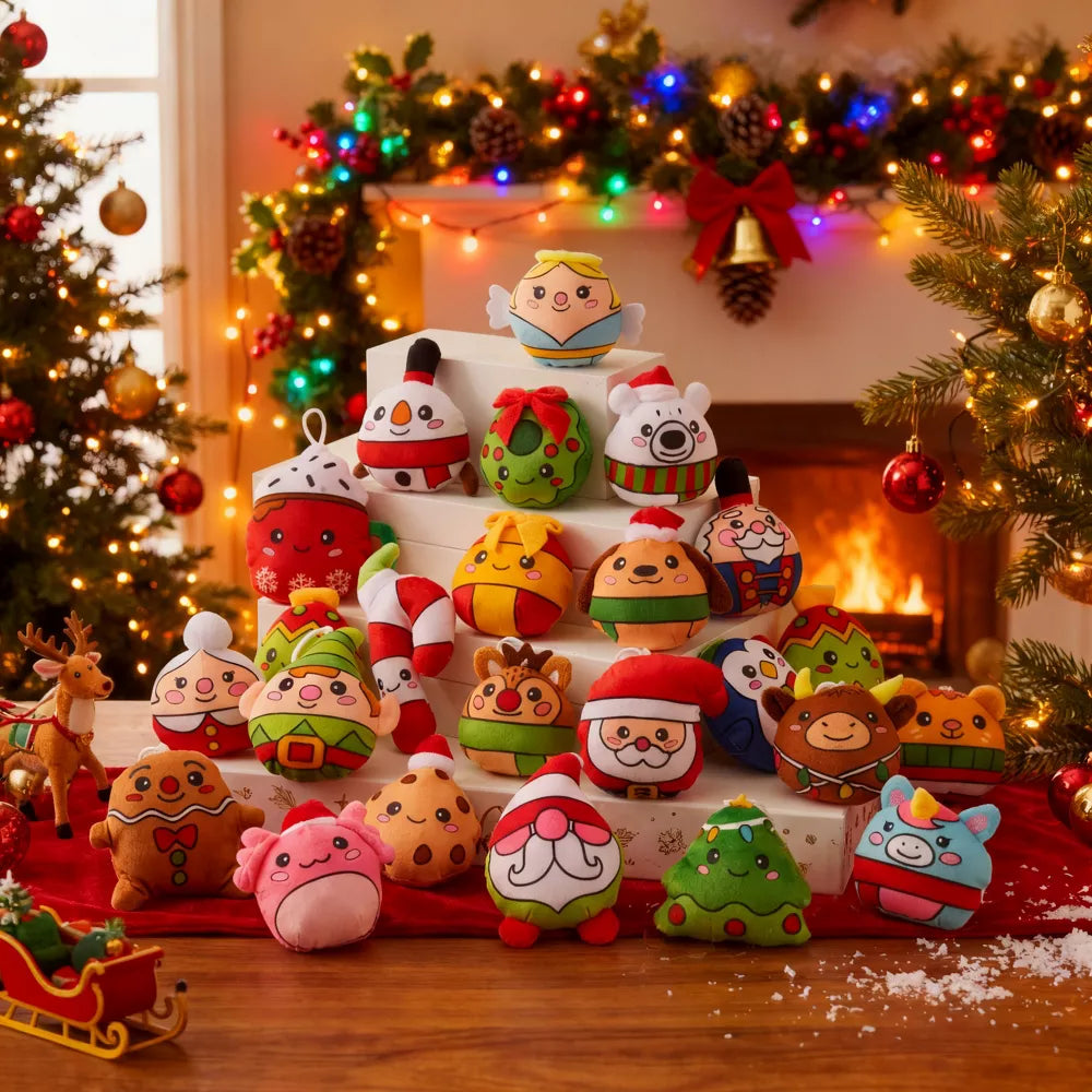 24-Piece Mini Plush Advent Calendar with Hanging Lanyards and Holiday Characters for Kids