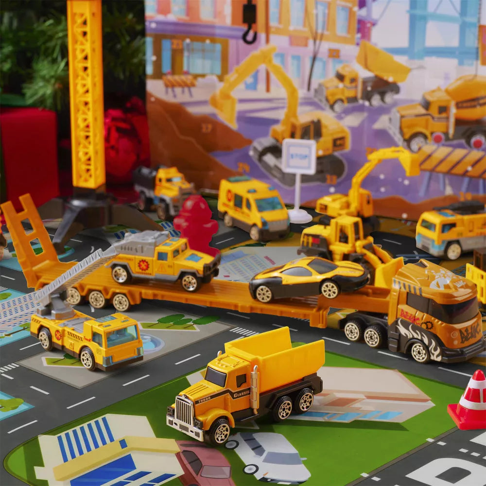 Construction Vehicle Advent Calendar with 24 Alloy Pieces and Foldable City Play Mat for Ages 3 Plus