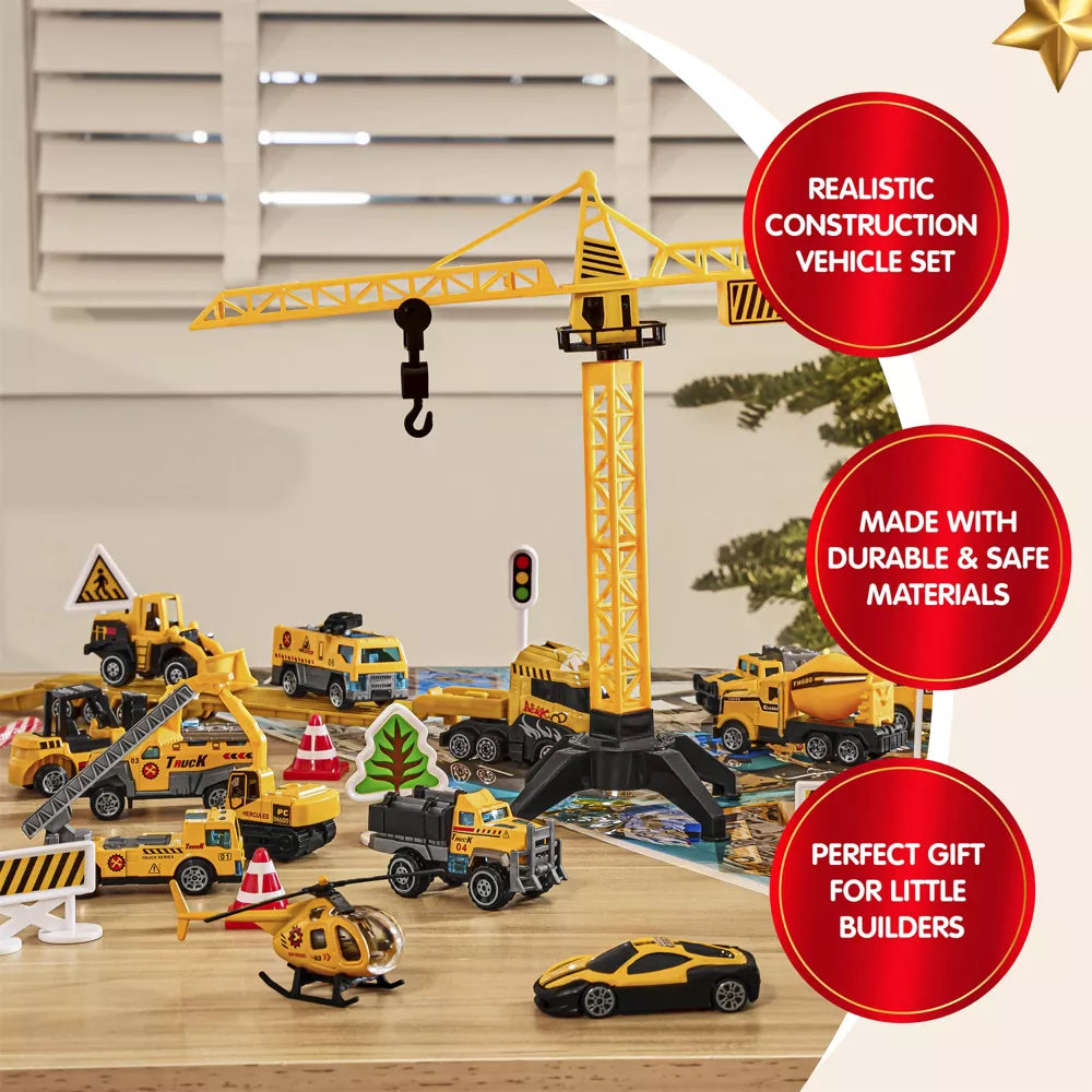 Construction Vehicle Advent Calendar with 24 Alloy Pieces and Foldable City Play Mat for Ages 3 Plus