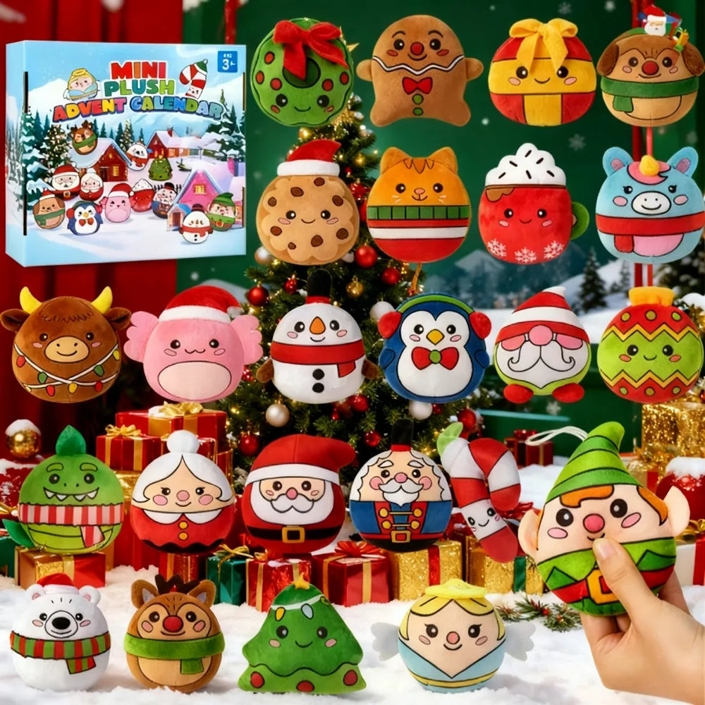 24-Piece Mini Plush Advent Calendar with Hanging Lanyards and Holiday Characters for Kids