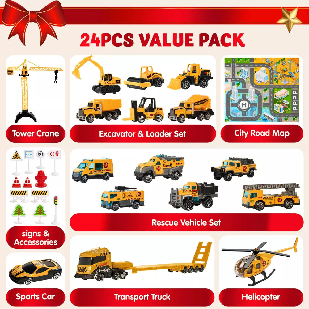 Construction Vehicle Advent Calendar with 24 Alloy Pieces and Foldable City Play Mat for Ages 3 Plus