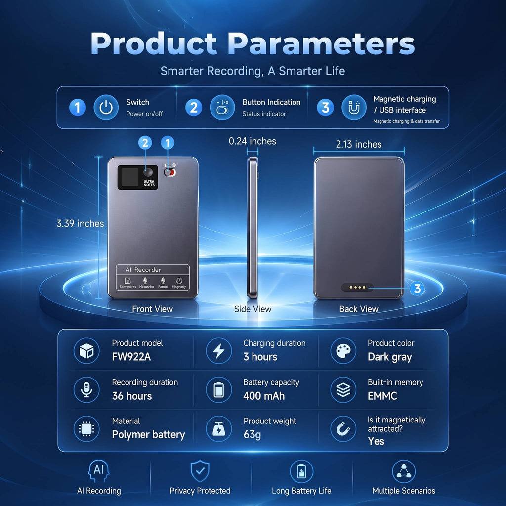 AI Voice Recorder, Smart Meeting Notes, Real Time Translation and AI Noise Reduction, Portable Digital Audio Recorder