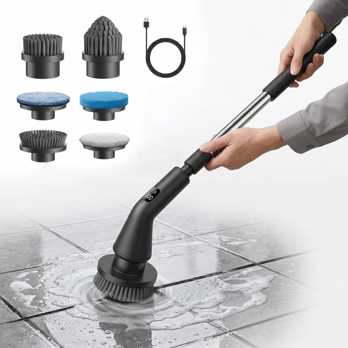 Cordless Electric Grout Brush, Spin Scrubber with Extendable Long Handle for Bathroom and Floor