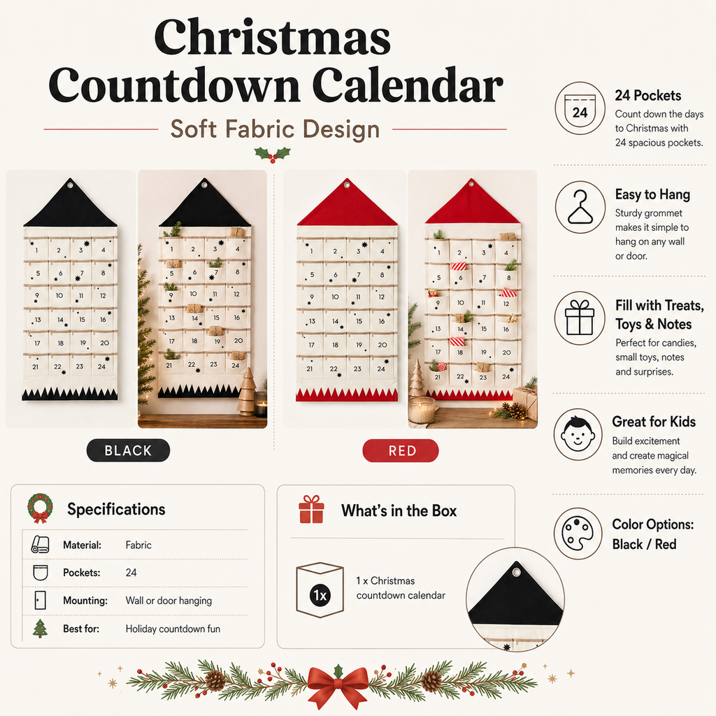 Fabric Advent Calendar with 24 Numbered Pockets and Wall Mounting, Black or Red