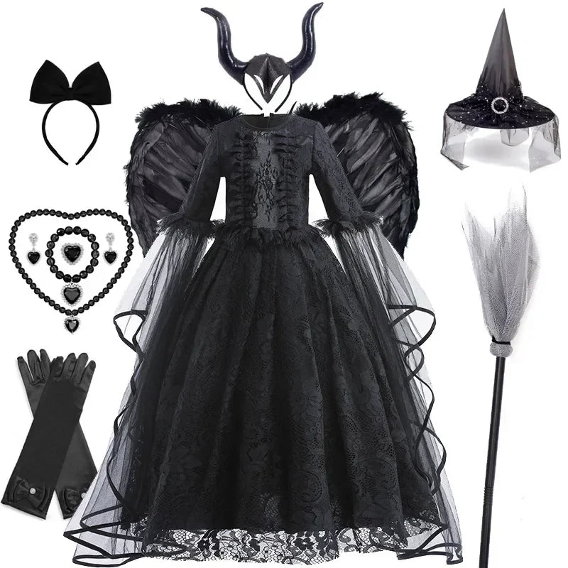 Girls Evil Queen Cosplay Dress with Lace Ruffle Details and Mid Calf Length, Ages 4-6
