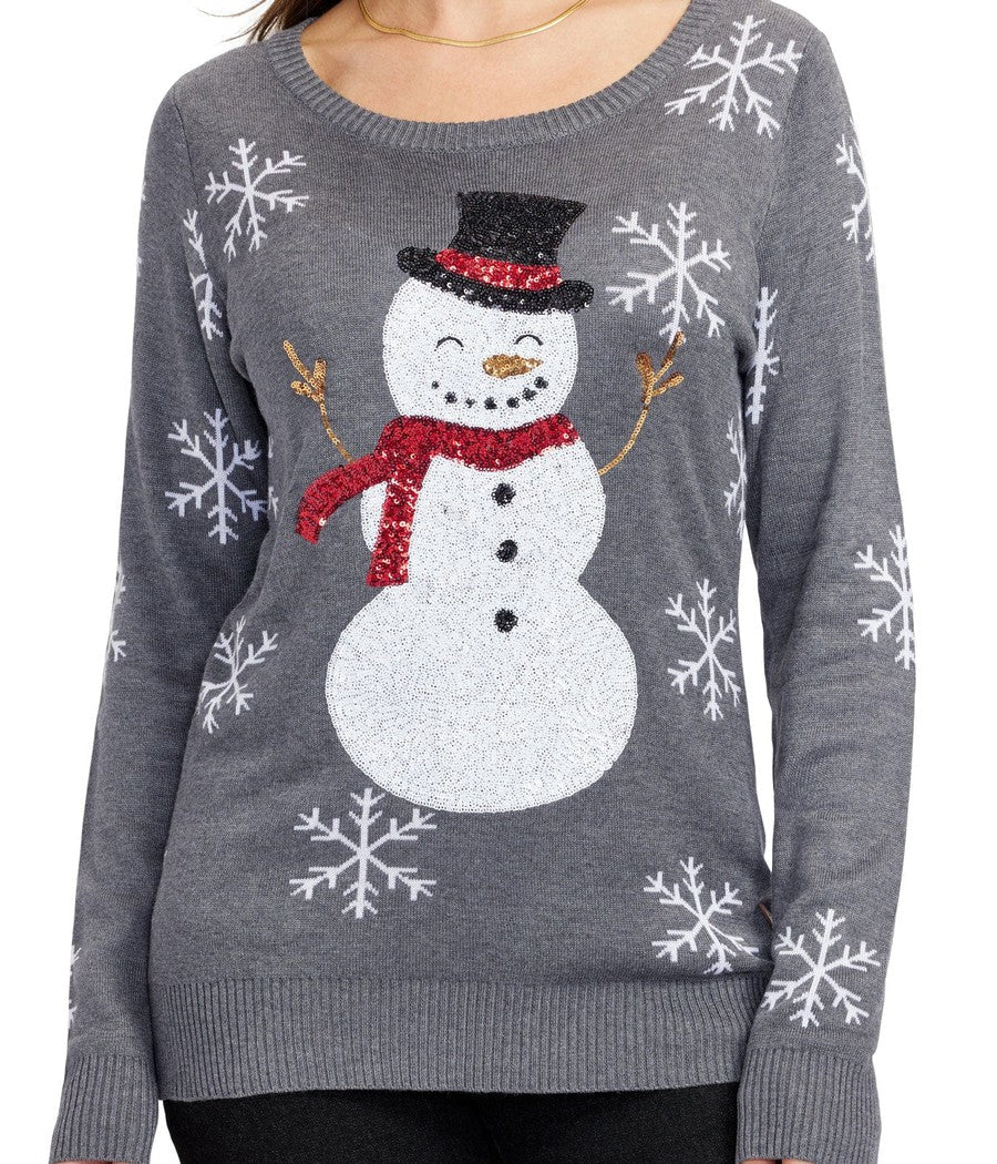 Gray Sequin Snowman Sweater with Sequined Snowflake Sleeves