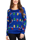 Blue Sweater with Colorful Holiday Lights and Trees Design