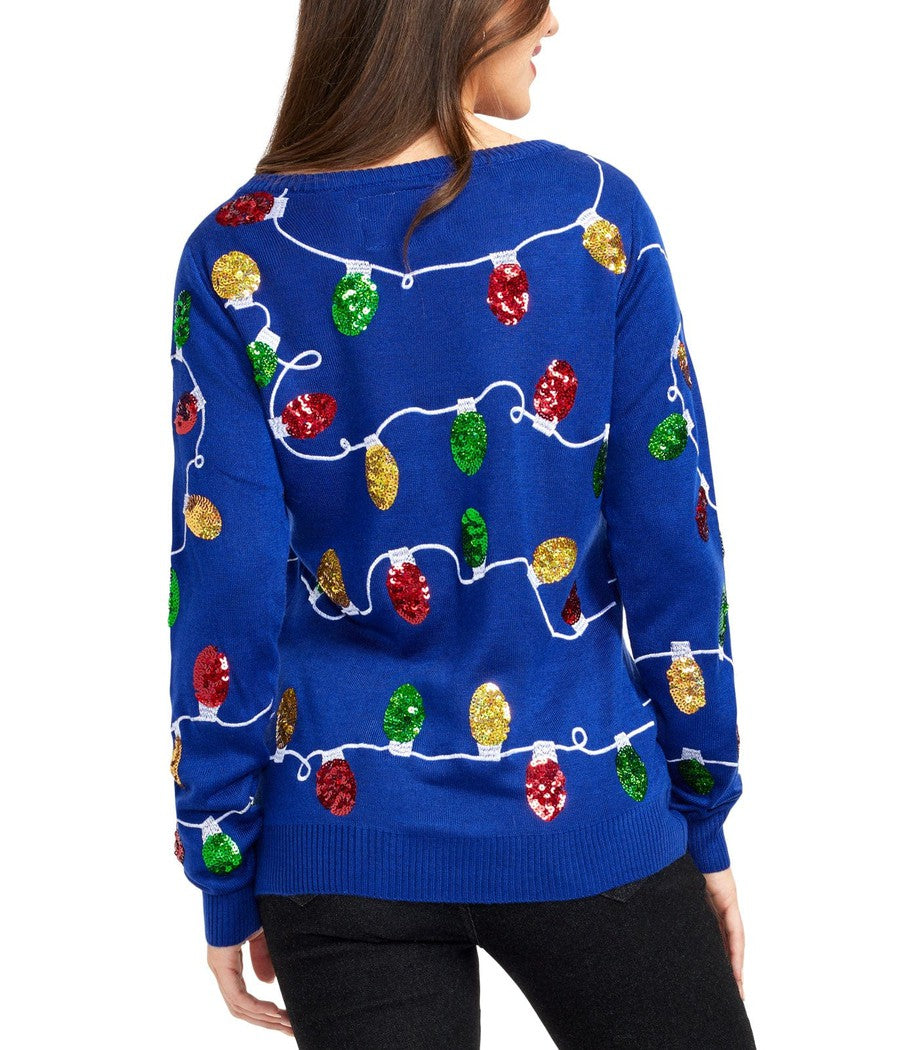 Blue Sweater with Colorful Holiday Lights and Trees Design