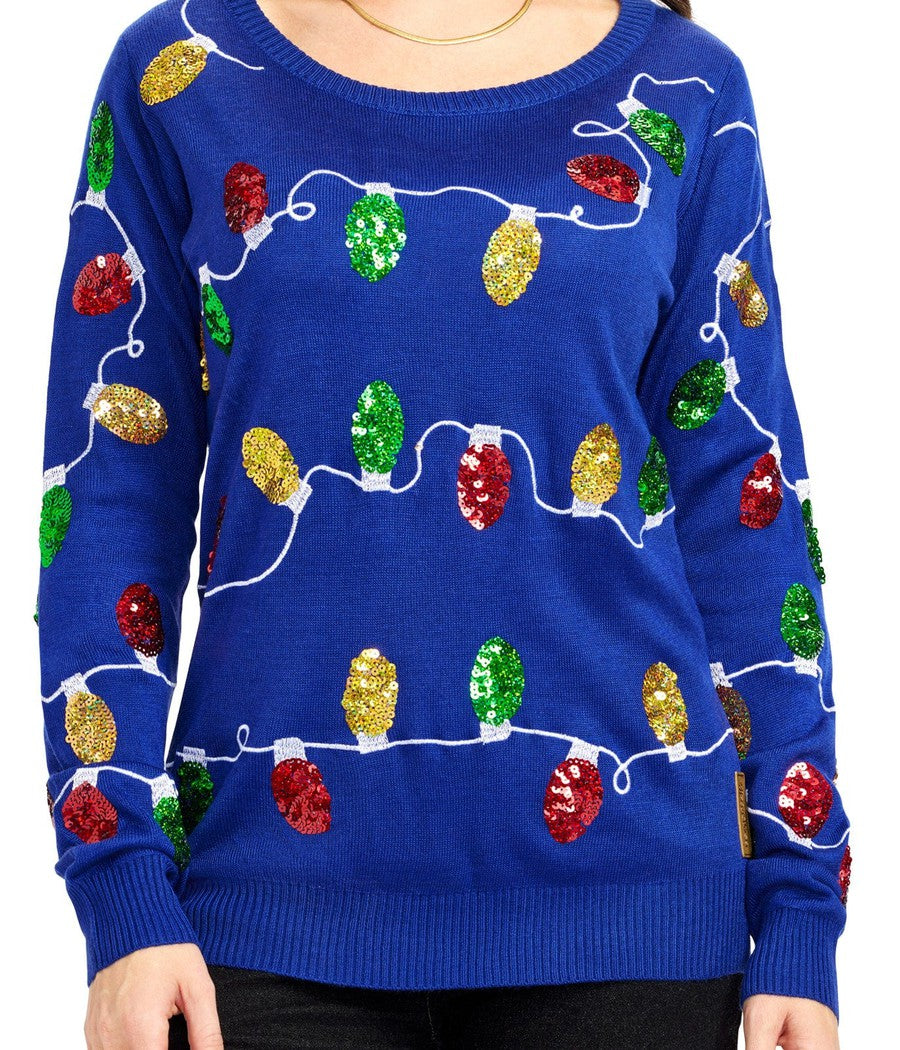 Blue Sweater with Colorful Holiday Lights and Trees Design