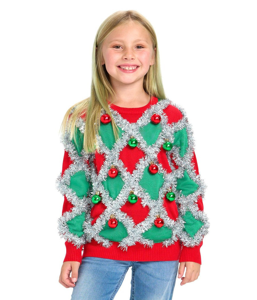 Girls Holiday Sweater with Red and Green Tinsel Trim