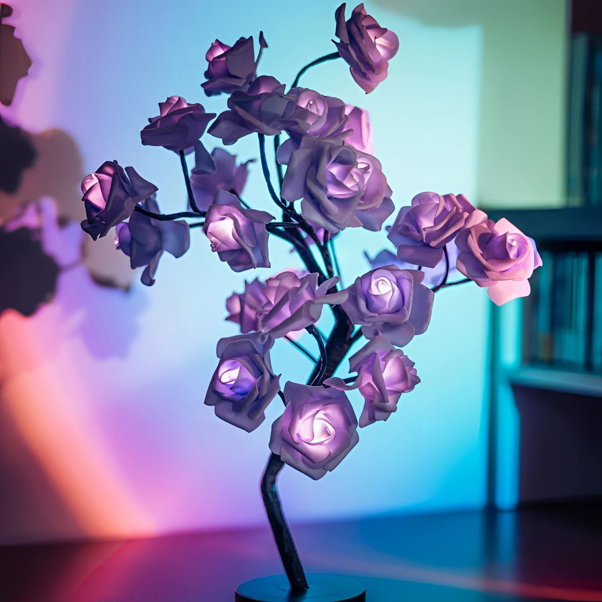 Acrylic Rose Lamp with LED Warm Lighting and Metal Base, Red Beige Blue Purple