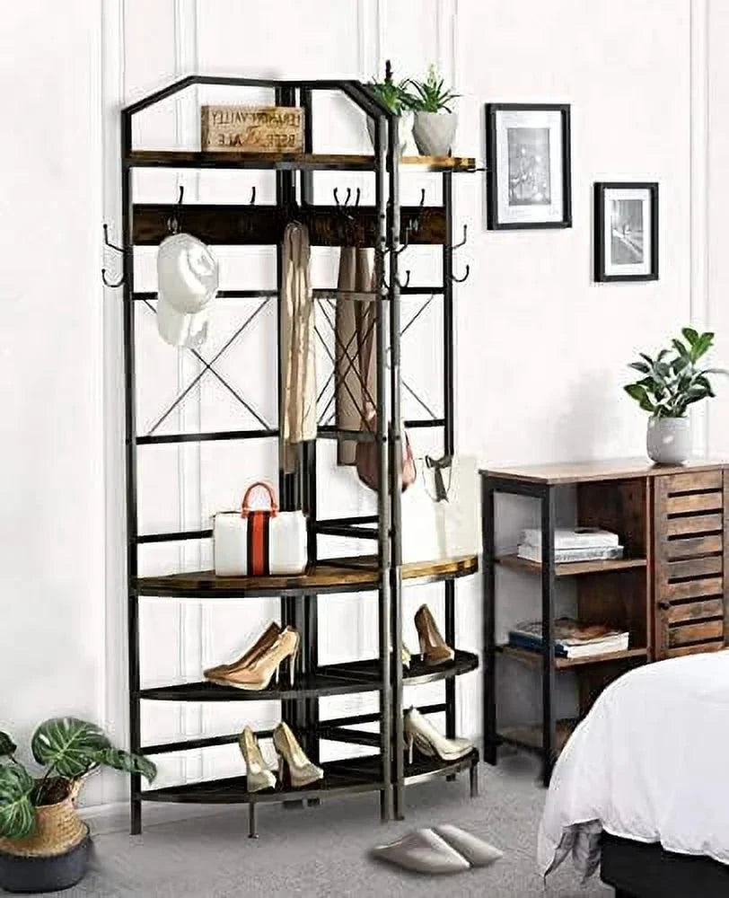 YOPCTUO 3-in-1 Entryway Coat Rack Industrial Hall Tree Corner Cloth Rack with Bench Hallway Coat and Shoe Rack for Corner Entryway Organizer with Metal Shoe for Hallway Corner Entran