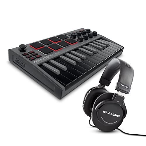 AKAI Professional MPK Mini White MK3 and M-Audio HDH40-25-Key USB MIDI Keyboard Controller with Beat Pads, Studio Headphones and Software Suite