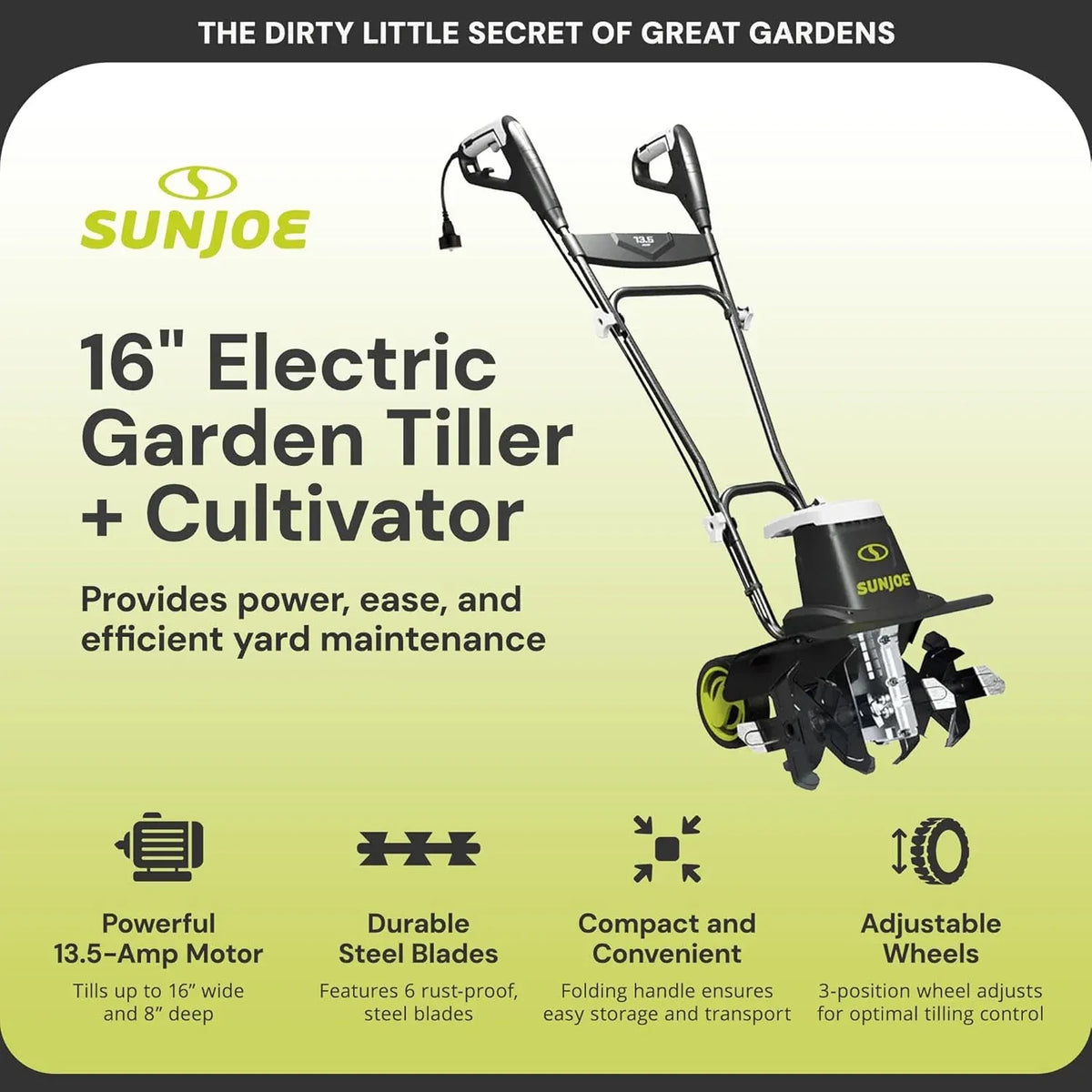 Sun Joe Electric Corded Garden Tiller & Cultivator, Steel Tines, 13.5 Amp, 16 Inch, Black - Heavy Duty Gardening Machine Equipment for Lawn, Yard, & Grass, TJ604E