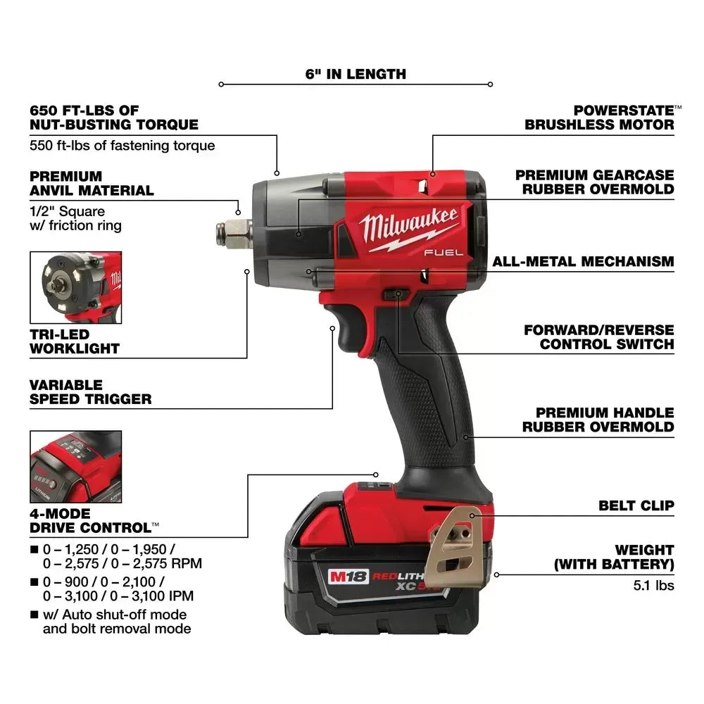 Milwaukee Pre-Sale 2962-22R M18 FUEL 18V 1/2 Mid-Torque Impact Wrench w/ Ring Kit