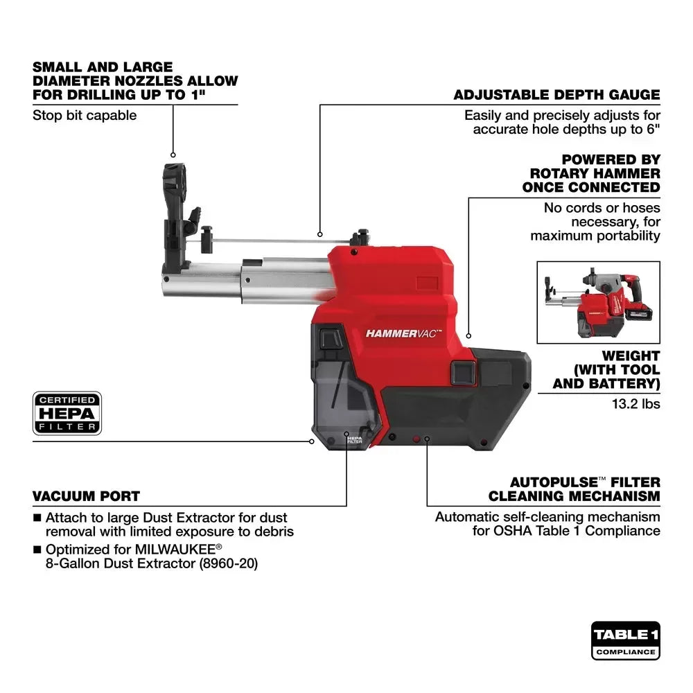Milwaukee 2912-DE M18 FUEL HAMMERVAC 1 Dedicated Dust Extractor - Bare Tool