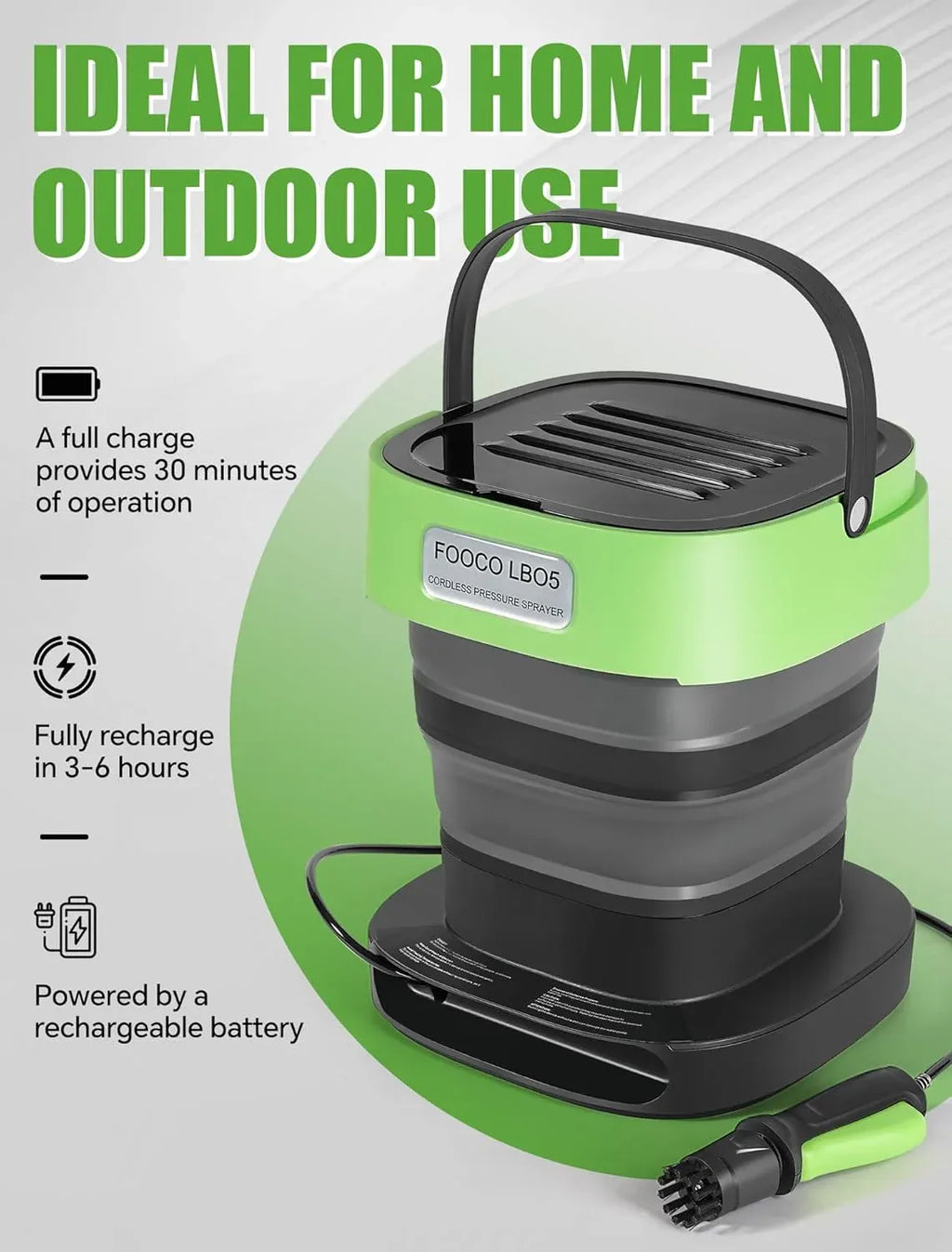 Pro Cordless Pressure Washer W/Foldable 3.2gal Water Tank & Accessories, Auto-Rewind Hose Reel & Any-Length Lock Portable Power Washer for Cars, Bikes, Pets, Fishing Gear, Garden & Camping
