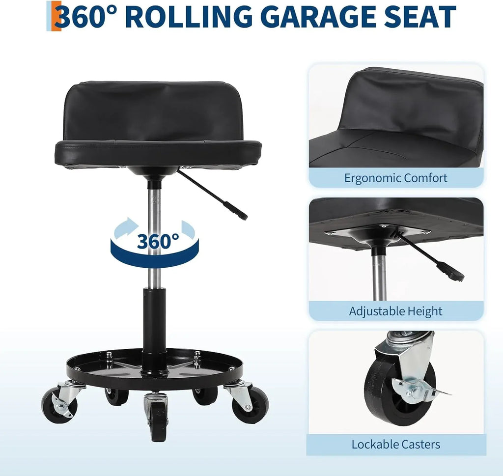 Rolling Shop Stool w/ 3 Locking Swivel Wheels, 300LB Capacity, 18-22 Height Adjustable with Soft Cushion & Tool Tray, Telescoping Mechanic Seat for Garage, Auto Repair, Heavy-Duty, Black