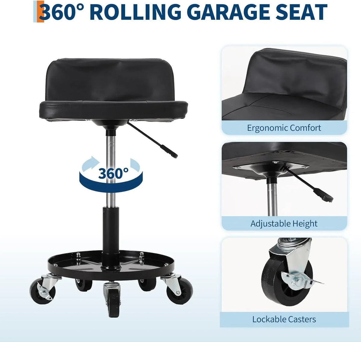 Rolling Shop Stool w/ 3 Locking Swivel Wheels, 300LB Capacity, 18-22 Height Adjustable with Soft Cushion & Tool Tray, Telescoping Mechanic Seat for Garage, Auto Repair, Heavy-Duty, Black