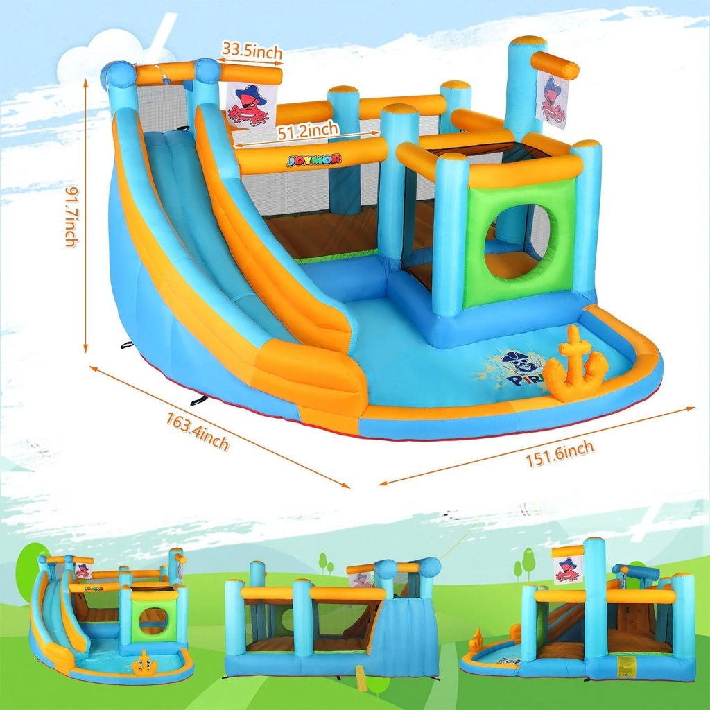 JOYMOR Inflatable Water Slide Park, Pirate Themed Bounce House w/ Obstacle Course, Water Cannon, Splash Pool, Water Slide Bouncer Castle Outdoor Backyard Playhouse for Age 3-12 Kids (Included Blower)