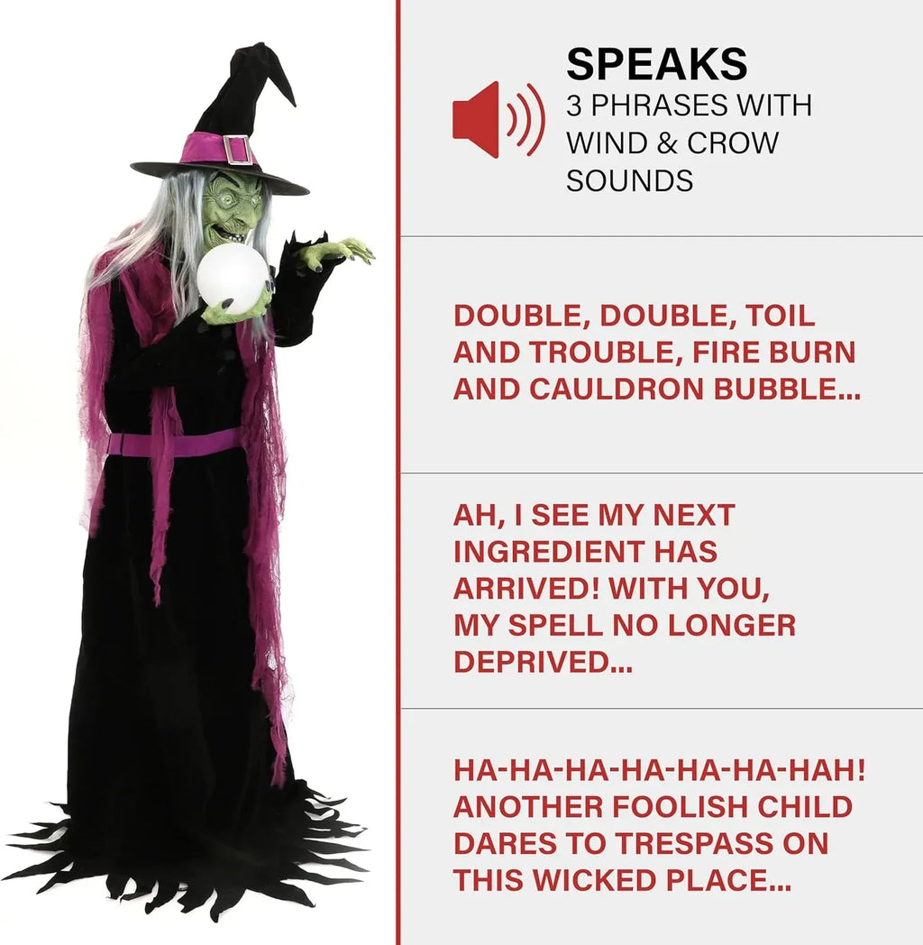 Haunted Hill Farm 6-Ft. Tall Fortune Teller Witch, Plug-in Motion-Activated Talking Scare Prop Halloween Animatronic for Indoor or Covered Outdoor Creepy Decorations