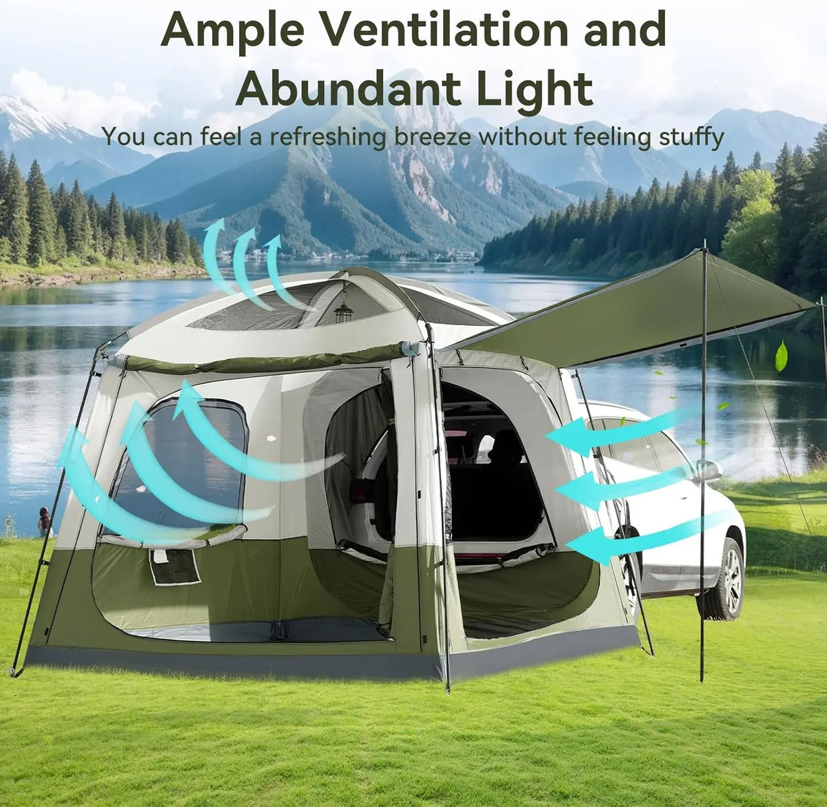 SUV Tent for Camping with 2 Awnings, 4-6 Person Waterproof Car Truck Camping Tent with Thickened Poles, PU3000mm SUV Tailgate Van with Rainfly, Army Green