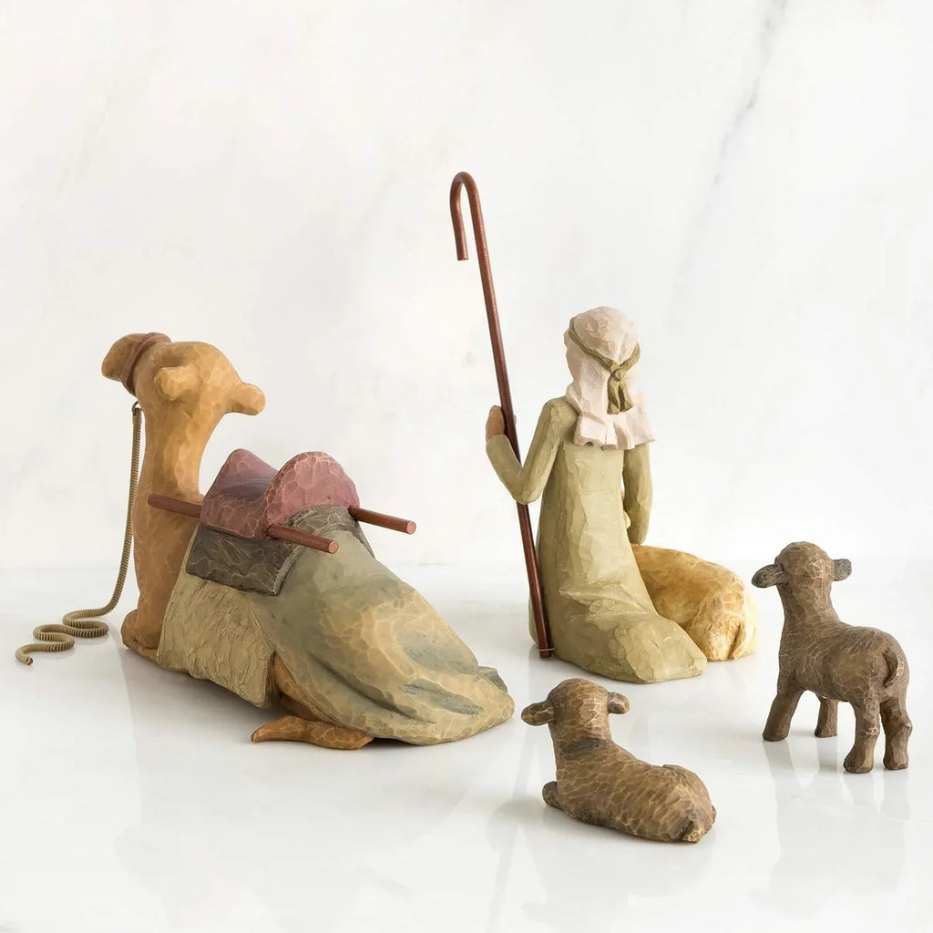 Willow Tree Shepherd and Stable Animals, Surrounding New Life with Love and Warmth, Build a Holiday Tradition with Classic Nativity Set, 4 Sculpted Hand-Painted Figures: Sheep, Camel, Shepherd, Goat