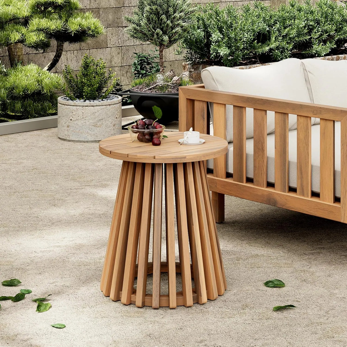 Merax Outdoor Acacia Wood Coffee Table 15.75 Round Patio Side Table for Backyard Lawn Balcony, Aesthetic Slat Base Design, Light Teak