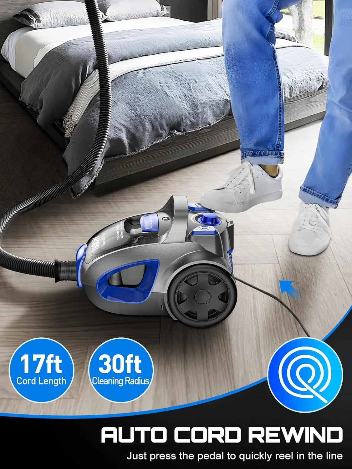 Canister Vacuum Cleaner, 32Kpa 1600W Cyclon Power Bagless Canister Vacuum Cleaners for Home, 3.7QT Large Dust Cup, Lightweight Vac for Hard Floors, Carpets, Pet Hair, Blue