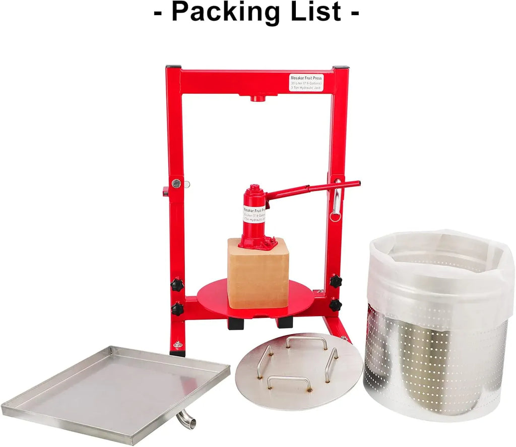 7.93 Gallon / 30L Mosakar Hydraulic Fruit Press. 3 Ton Pressure. Parts contact with Juice are AISI 304 Stainless Steel. Home Use Grape Apple Wine Cider Juice Press