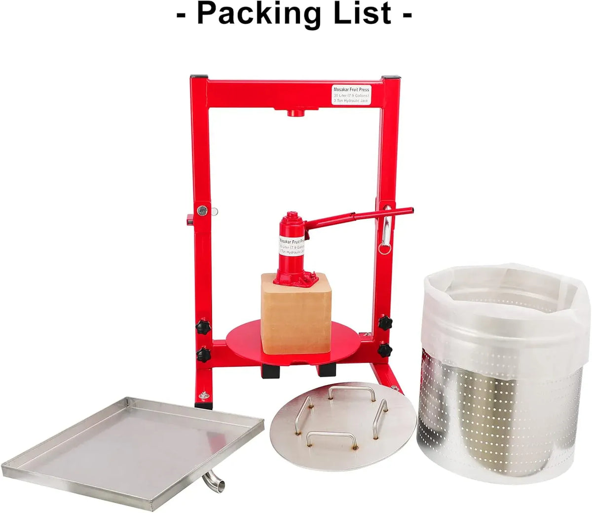 7.93 Gallon / 30L Mosakar Hydraulic Fruit Press. 3 Ton Pressure. Parts contact with Juice are AISI 304 Stainless Steel. Home Use Grape Apple Wine Cider Juice Press