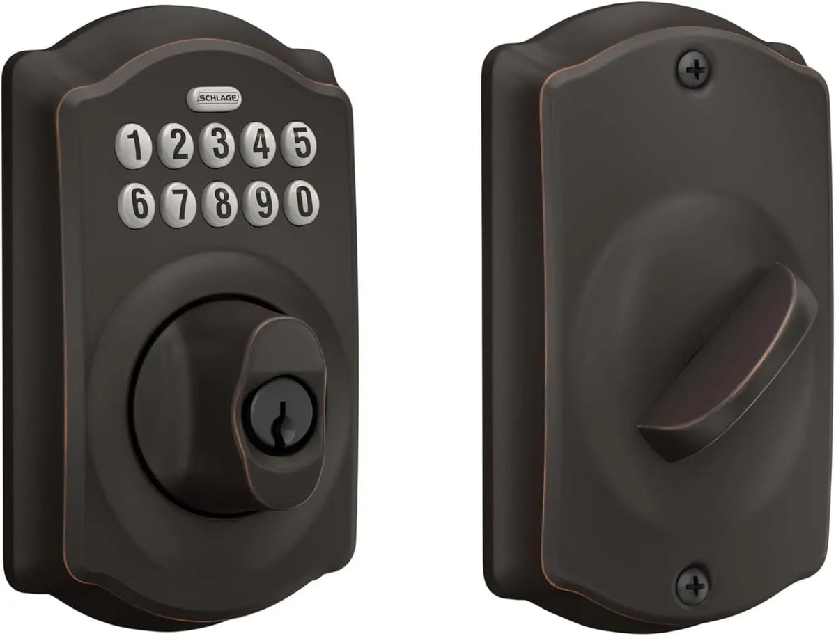 Schlage BE365 V CAM 716 Camelot Keypad Deadbolt, Electronic Keyless Entry Lock, Aged Bronze