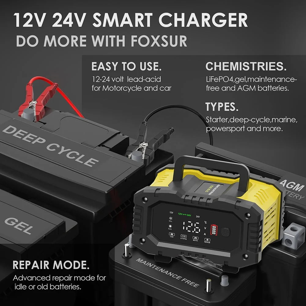 Rooha 20A/10A Car Motorcycle Battery Charger 12V/24V Smart Charger Lithium AGM