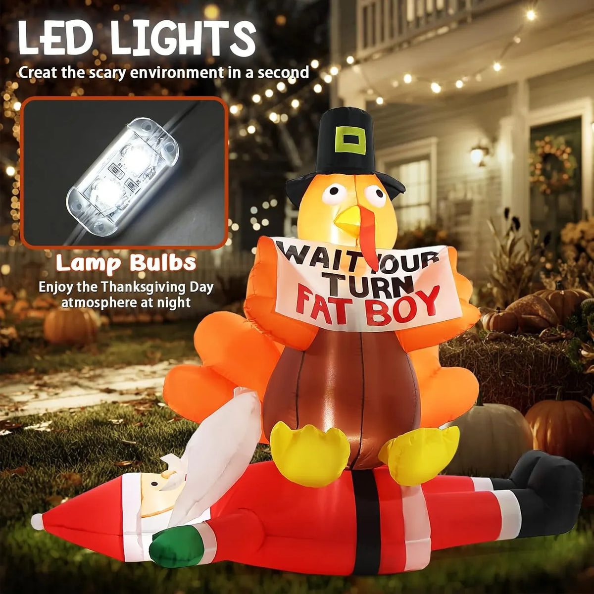 5FT Thanksgiving Turkey Inflatable Outdoor Decorations, Blow Up Turkey Sitting on Santa Claus with Sign, Built-in LED Lights Holiday DÃ©cor for Outside Lawn Garden Home Indoor