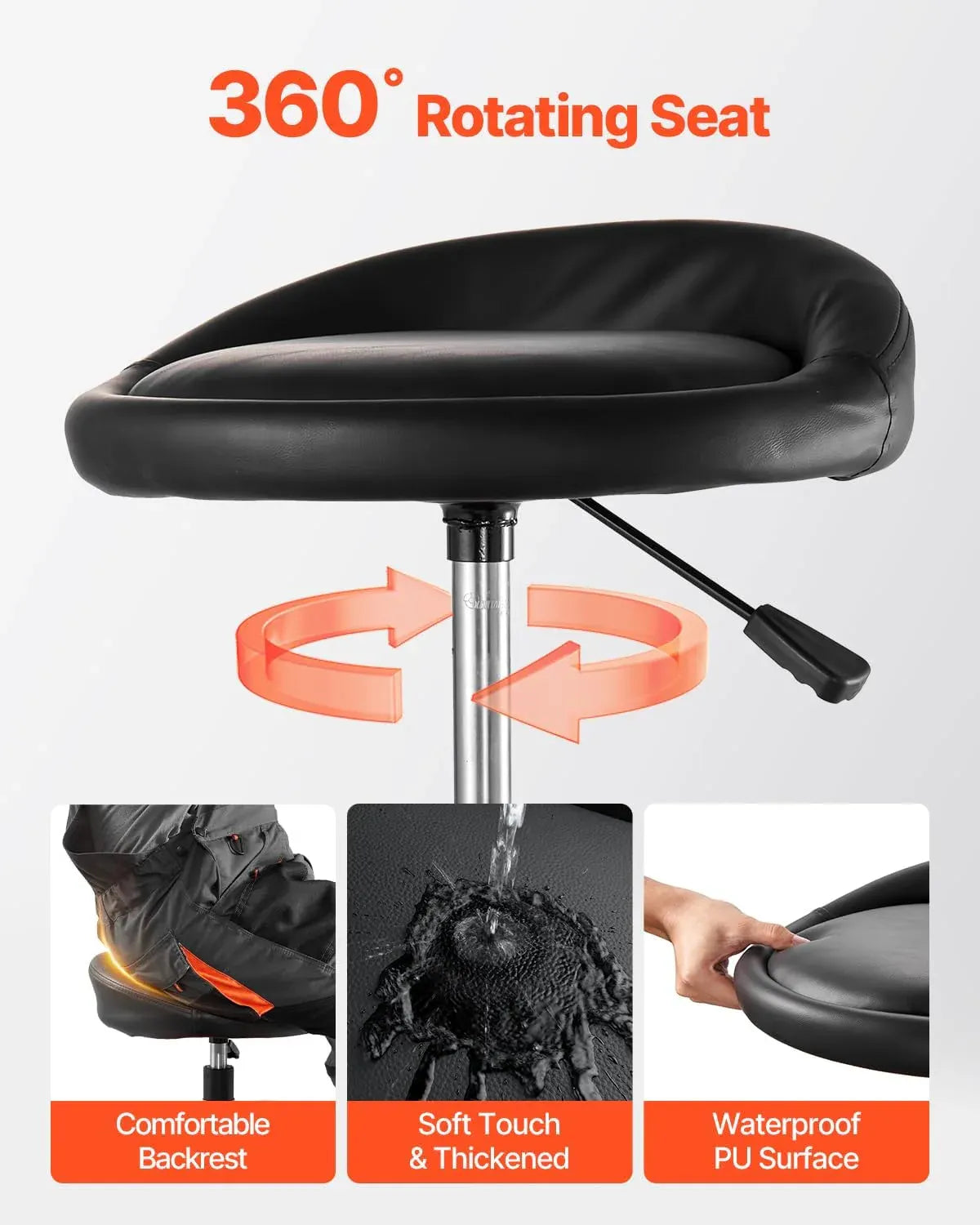 Garage Stool, Rolling Mechanic Stool with Dual Storage Trays, Pneumatic Height 23.6–29.5 in, Soft Waterproof Cushion, 360° Swivel Casters for Garage, Shop & Auto Repair