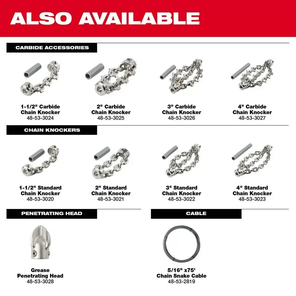 Milwaukee 2819-22 M18 FUEL 18V High Speed Chain Snake Kit for 1-1/2 – 4 Pipes
