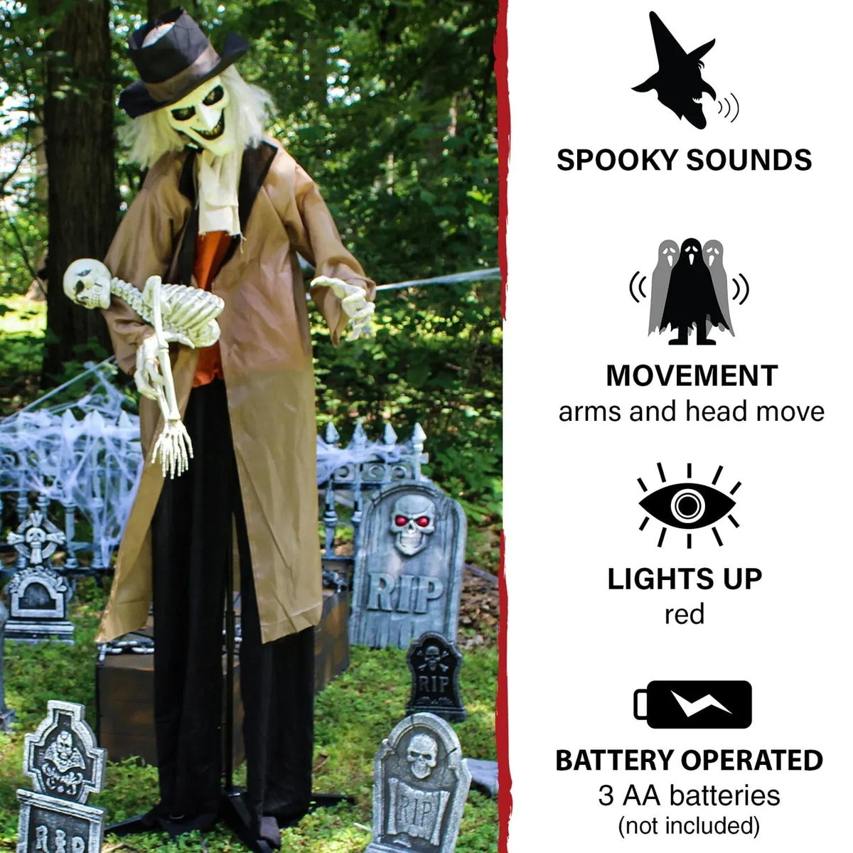 Haunted Hill Farm 5.25 ft. 3.5 lbs Animatronic Gravekeeper Halloween Decoration, Multicolor, HHGRVKPR-1FLSA
