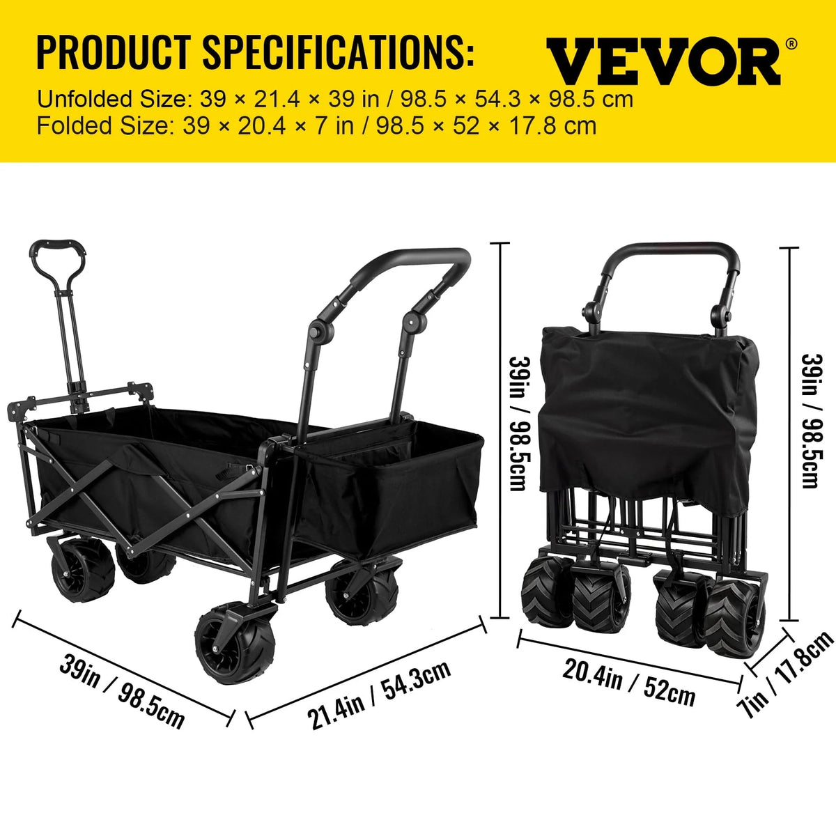 VEVORbrand Collapsible Wagon Cart Black， Foldable Wagon Cart Removable Canopy 602D Oxford Cloth， Collapsible Wagon Oversized Wheels， Portable Folding Wagon Adjustable Handles， Beach， Garden， Sports