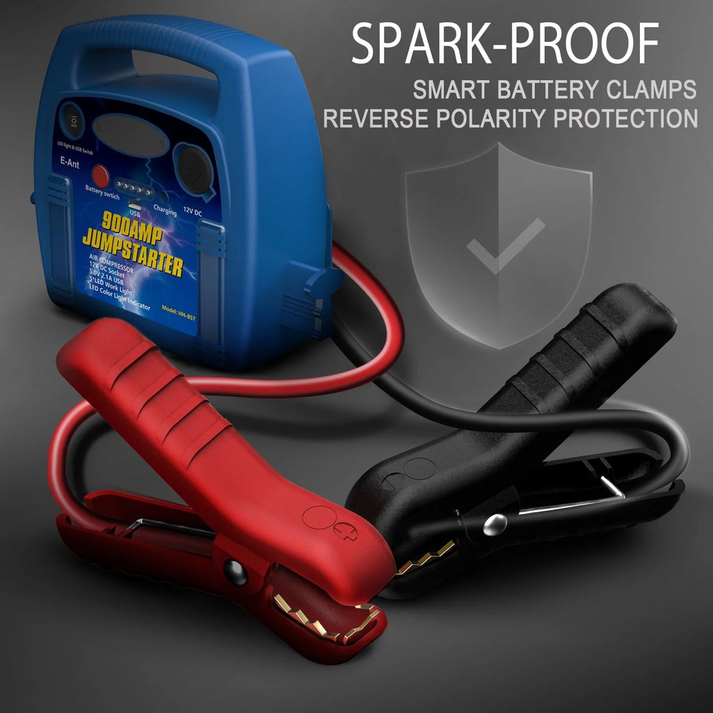 E-Ant Jump Starter with Air Compressor, 900A Peak Jump Starter, 260 PSI Tire Inflator, 12V Battery Jumper Starter Portable, Jumper Cables for Up to 6.0L Gas/4.0L Diesel Engines with DC/USB Ports-Blue