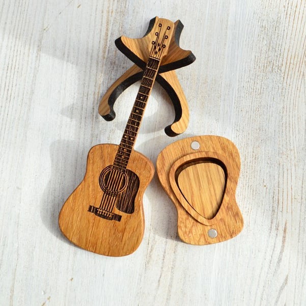 Engraved Guitar Pick Box with Oak Stand and Three Picks, Personalized Keepsake