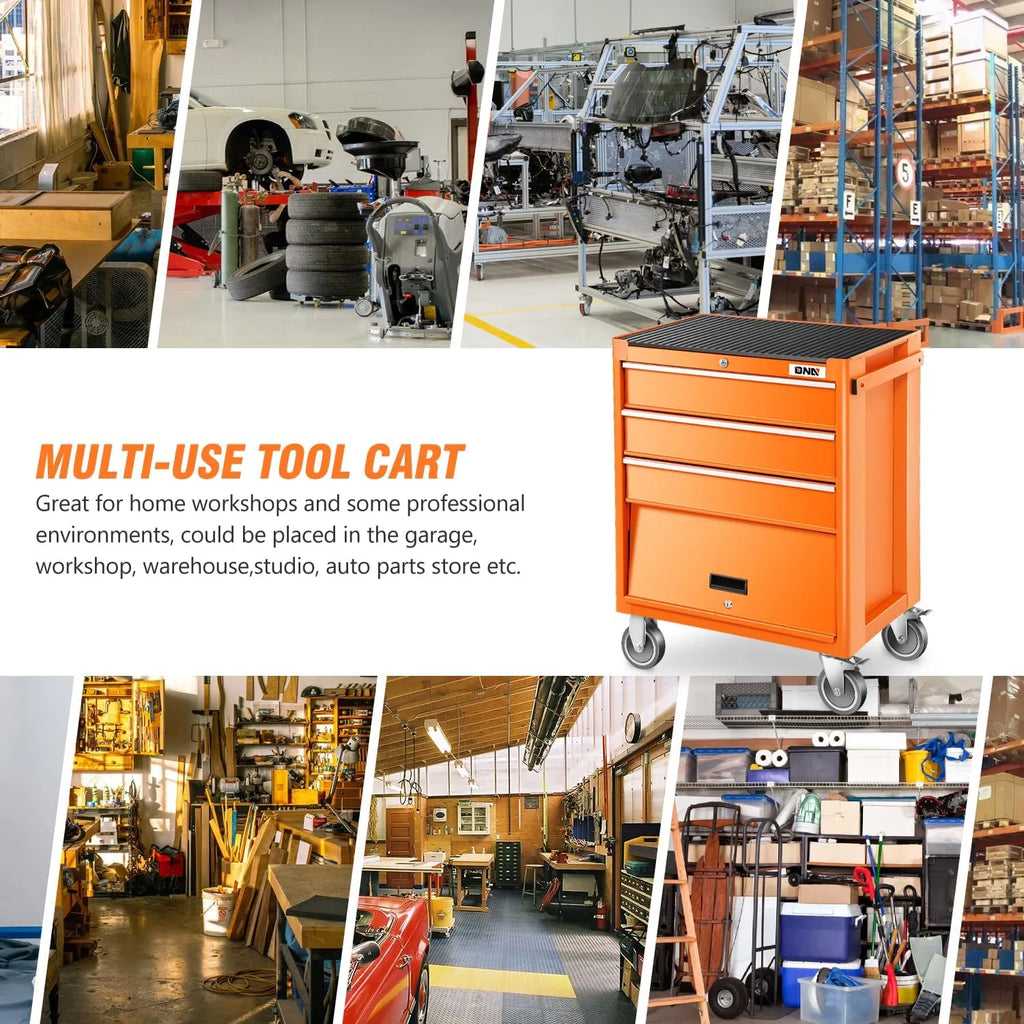 3-Drawer Rolling Tools Chest, Rolling Tool Storage Cabinet, Heavy Duty Mechanic Tool Cart, Trolley Organizer for Garage, Warehouse, Workshop, Orange, TOOLS-00400