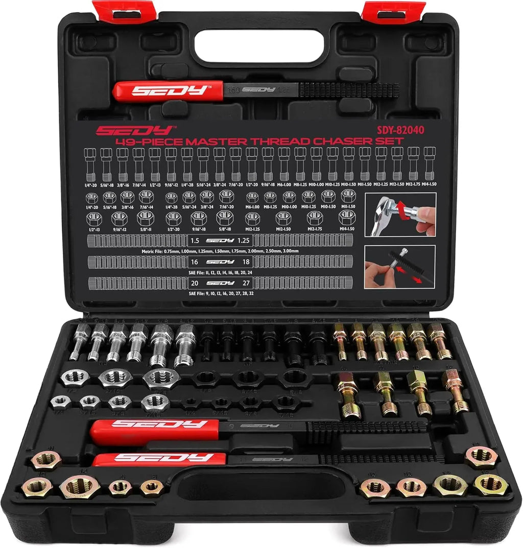 Thread Repair Thread Chaser Tool Set - 49PCS Thread Cleaner Rethreading Master Kit Metric SAE Bolt Restorer File Nut Rethreader Automotive Wheel Stud Spark Plug Engine Standard Screw Threading UNC UNF