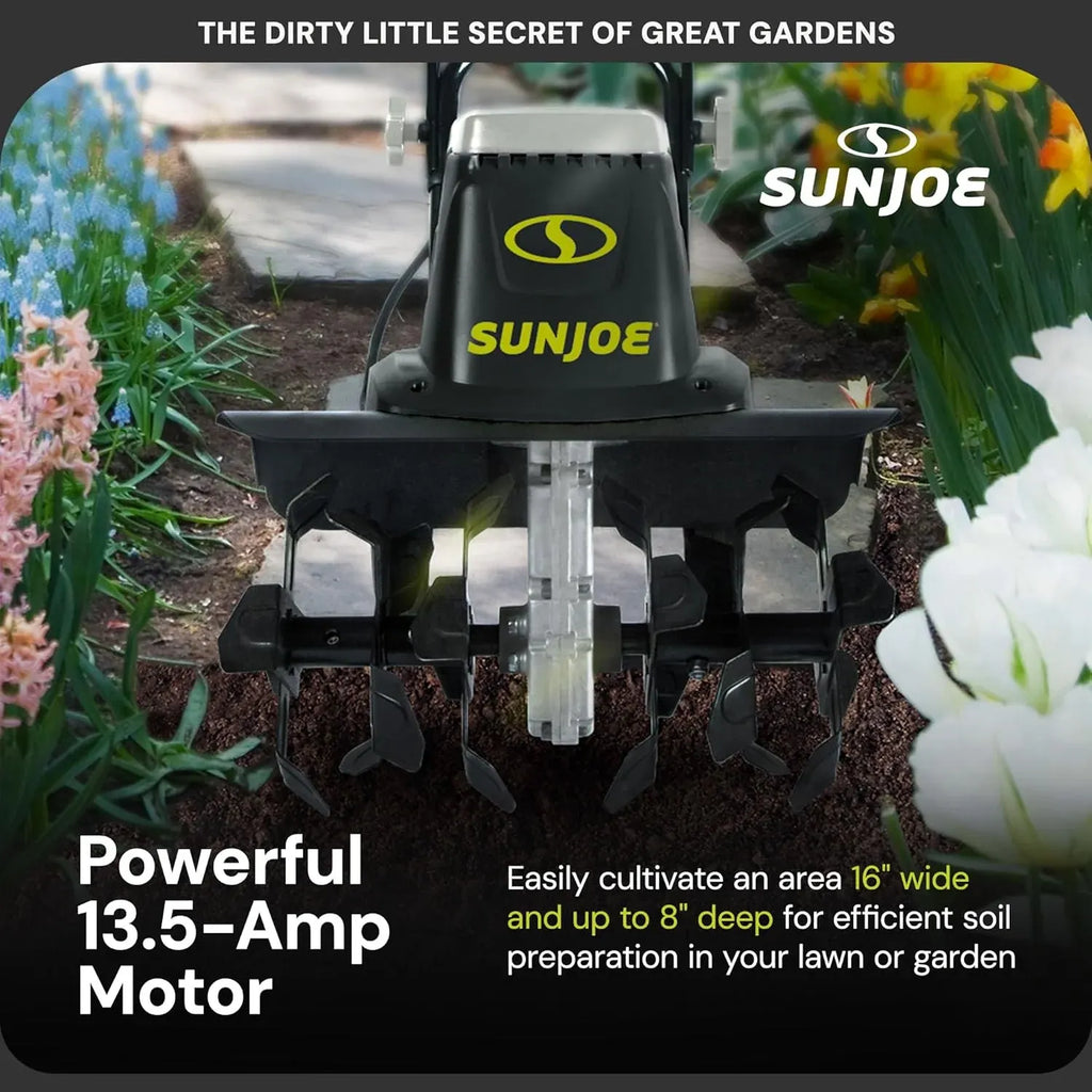 Sun Joe Electric Corded Garden Tiller & Cultivator, Steel Tines, 13.5 Amp, 16 Inch, Black - Heavy Duty Gardening Machine Equipment for Lawn, Yard, & Grass, TJ604E