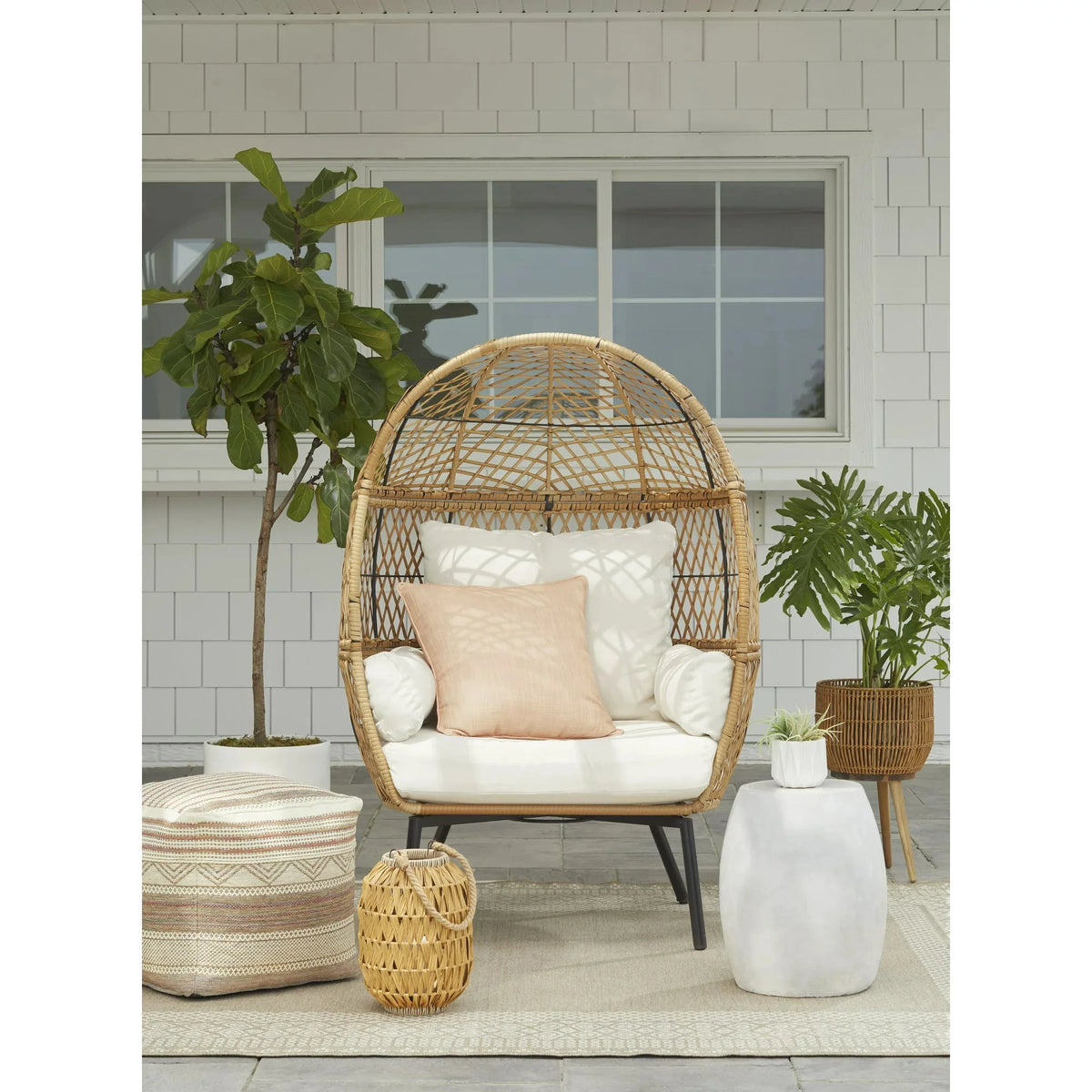 Better Homes and Gardens Ventura Boho Stationary Wicker Egg Chair， Off-White