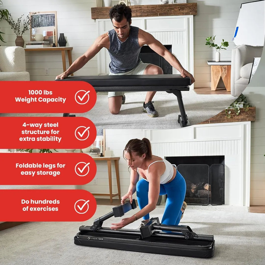 Finer Form Gym Quality Foldable Flat Bench for Multi-Purpose Weight Training and Ab Exercises - Free PDF Workout Chart Included