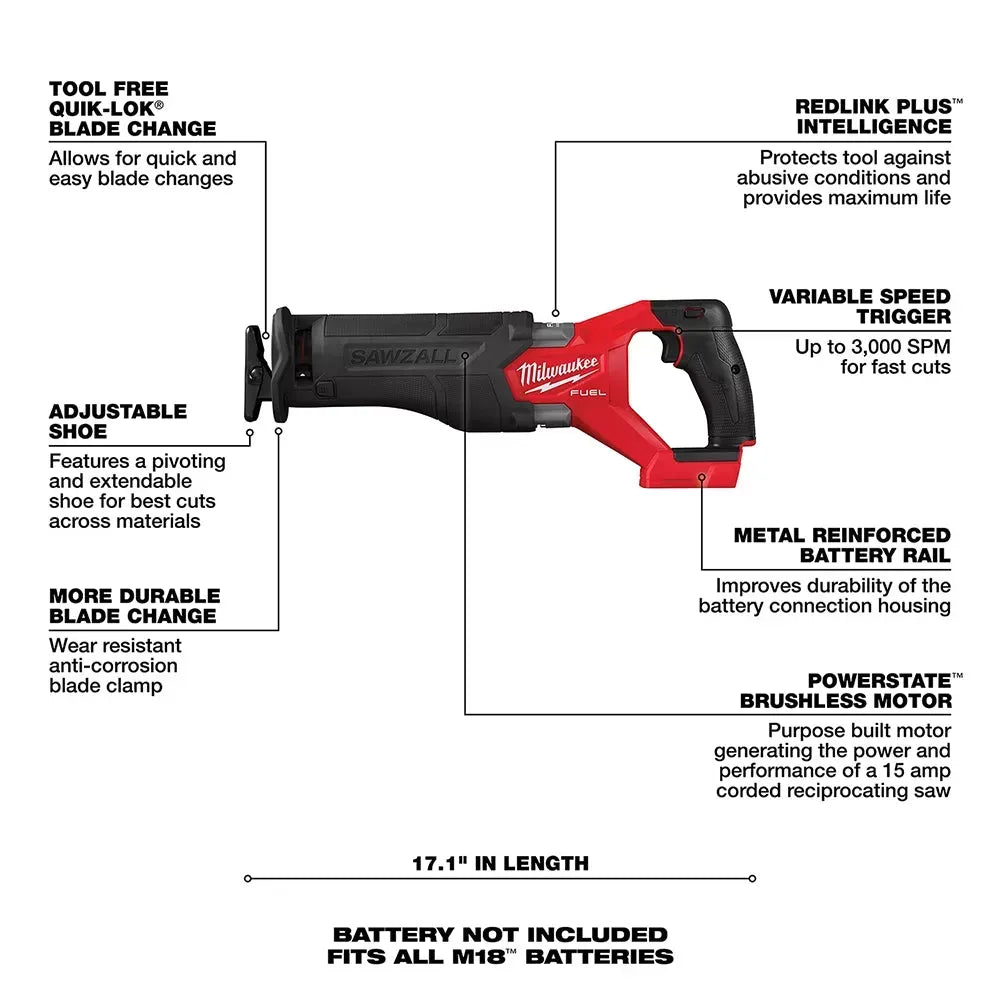 Milwaukee 2821-20 M18 FUEL 18V SAWZALL Li-Ion Reciprocating Saw - Bare Tool