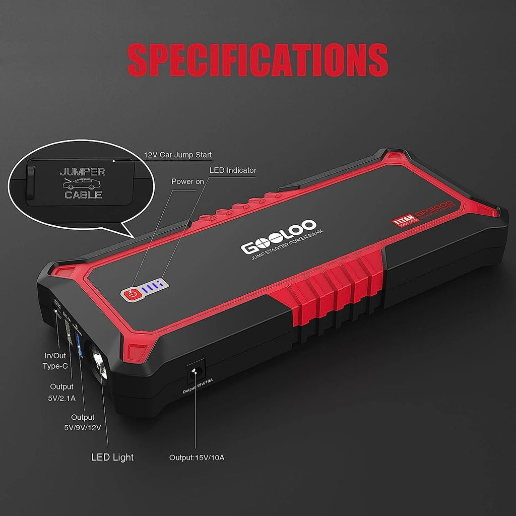 GOOLOO GP3000 Car Jump Starter,3000A Peak Jump Pack(Up to 9.0L Gas and 7.0L Diesel Engine)with USB Quick Charge,Portable 12V Lithium Battery Booster Box Car Starter