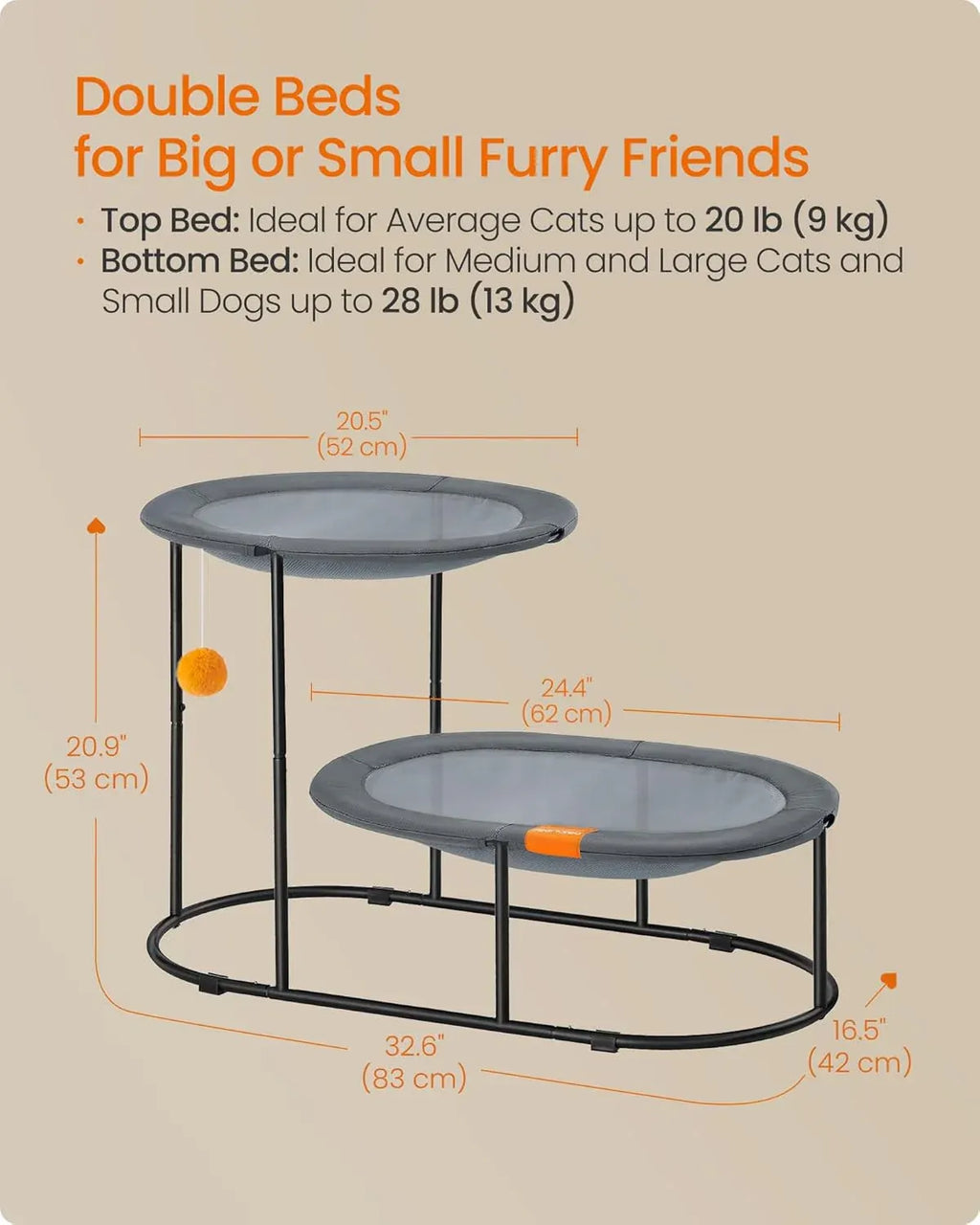 Feandrea 2-Tier Elevated Cat Hammock Bed, Breathable Furniture for Multi-Cat Households Indoor and Outdoor, with Removable Washable Mesh, Steel Frame, for Summer, Dove Gray UPCB012G01